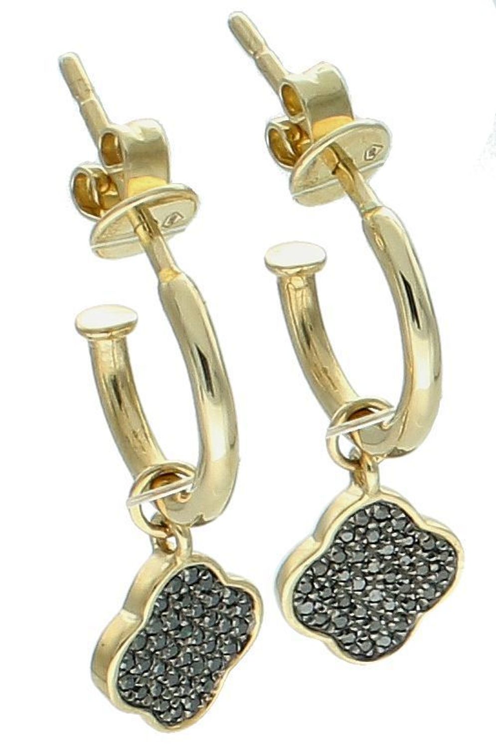 Kolczyki złote damskie wiszące koniczyny z czarnymi diamentami. Kolczyki złote kółka z koniczynką 0,15ct72 black 0067580011. Kolczyki złote koniczyna 1.jpg